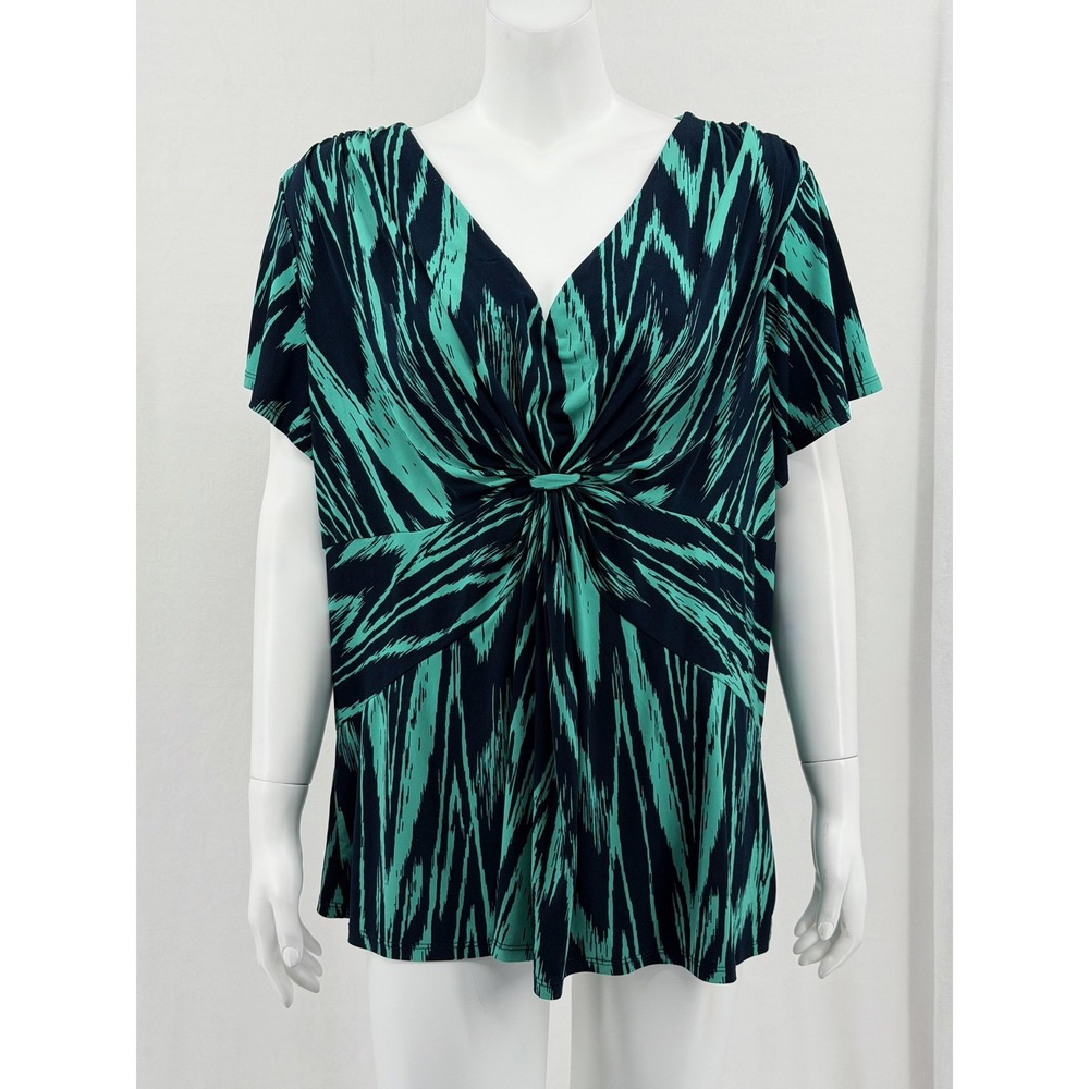 Daisy Fuentes Top‎ Womens 2X Navy Teal Twist Front V-Neck Artsy Office Stretch